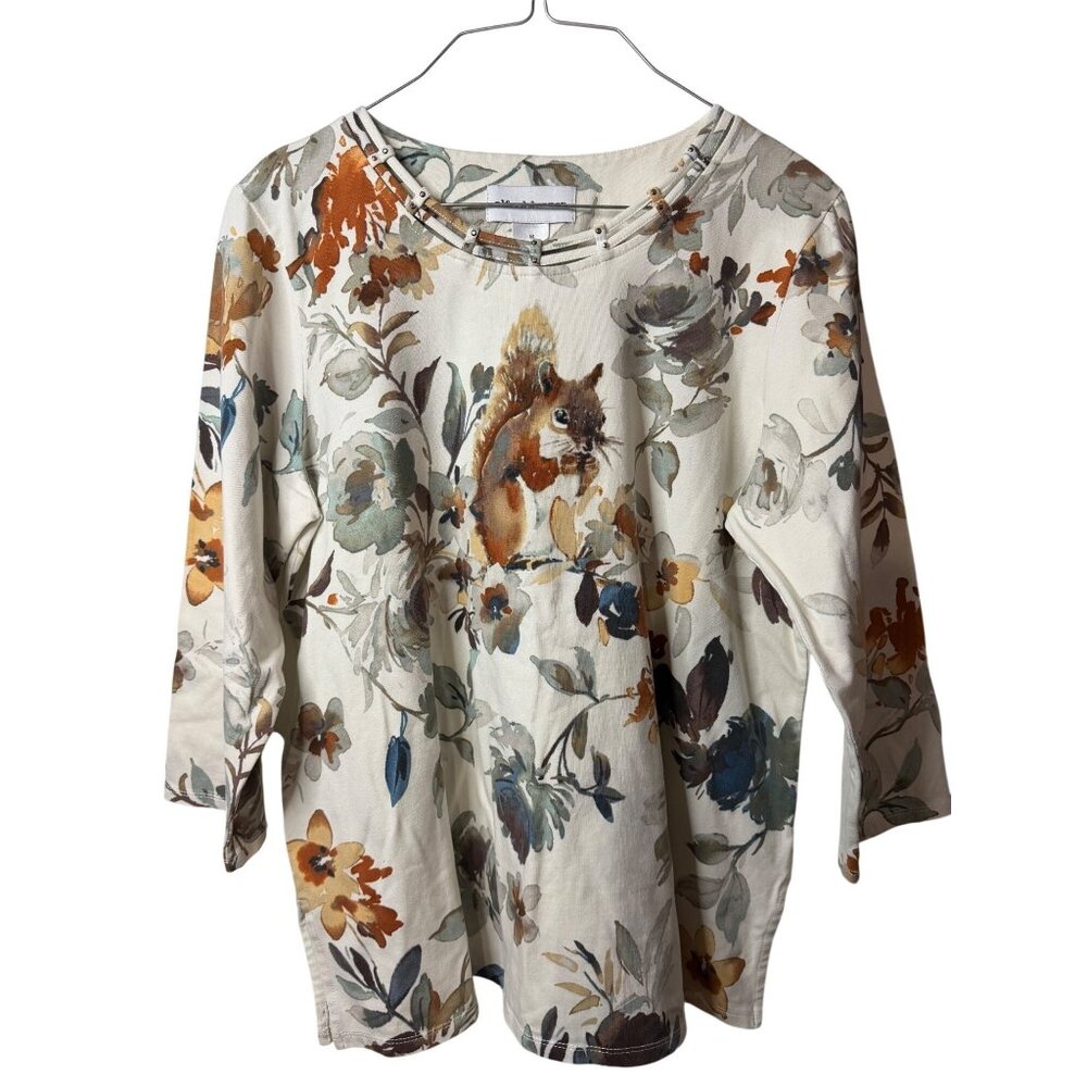 Alfredโ Dunner Womens Medium Floral Squirrel Knit Top 3/4 Sleeve Classic Autumn